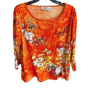 COLLECTIONS ETC. VTG dopamine Orange Sequin butterfly quirky top plus sz XXL 2X